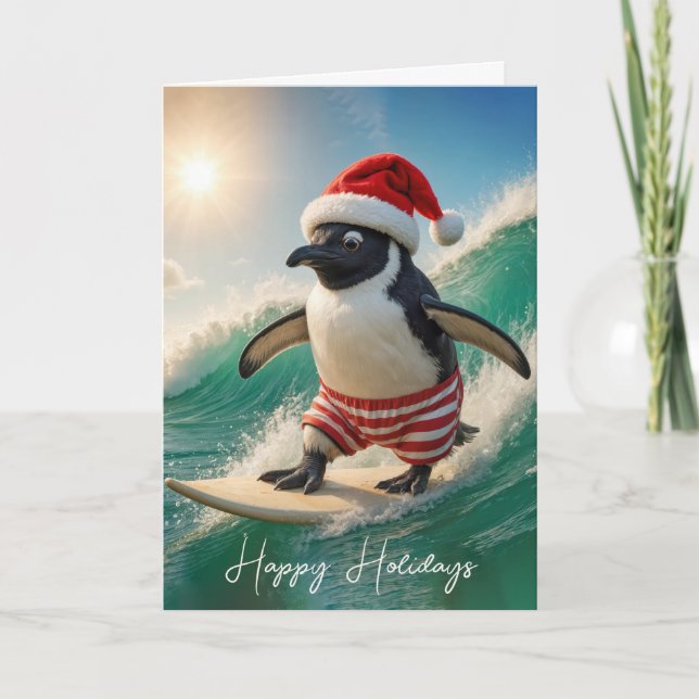 Tarjeta Festiva Christmas Penguin Surfing On a Wave (Anverso)