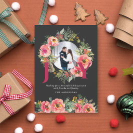 Tarjeta Festiva Christmas Photo Black Joy Floral Wreath Botanical