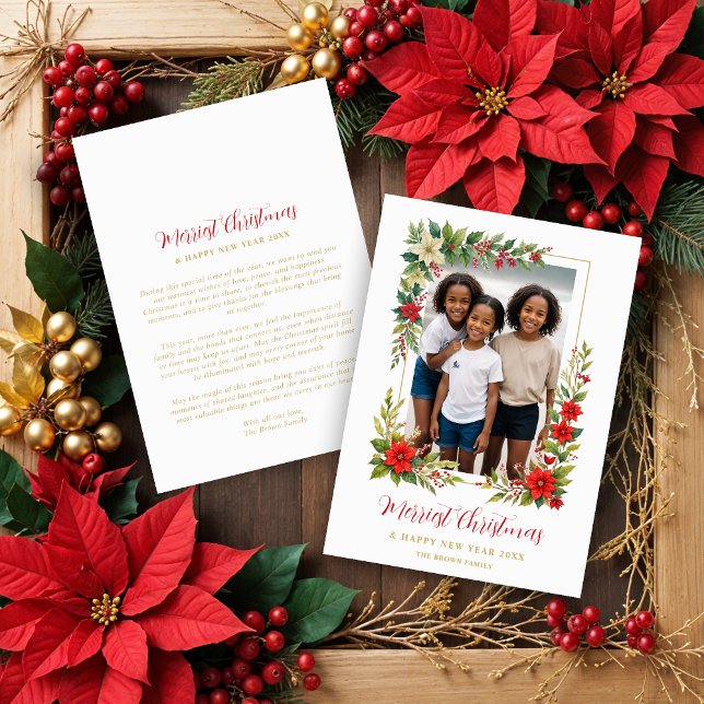 Tarjeta Festiva Christmas Photo Botanical Frame Poinsettias Blooms (Christmas Photo Botanical Frame Poinsettias Blooms & Red Berries Holidays Cards.)