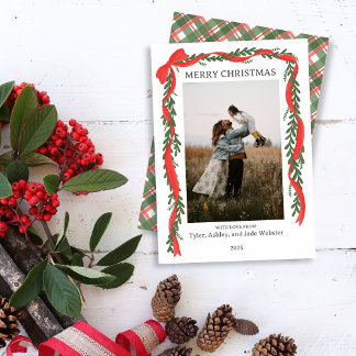 Tarjeta Festiva Christmas Photo Card - Classic Red Bow & Greenery