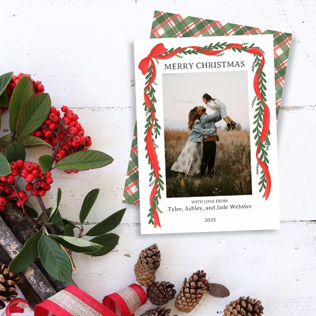 Tarjeta Festiva Christmas Photo Card - Classic Red Bow & Greenery (Subido por el creador)