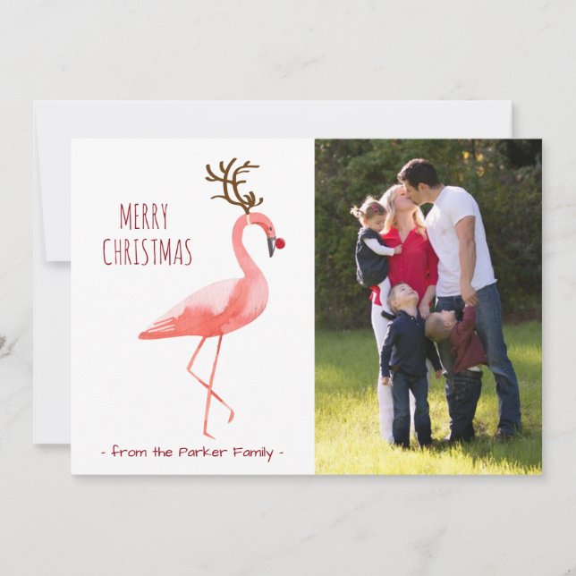Tarjeta Festiva Christmas photo card funny Rudolph Flamingo (Anverso)
