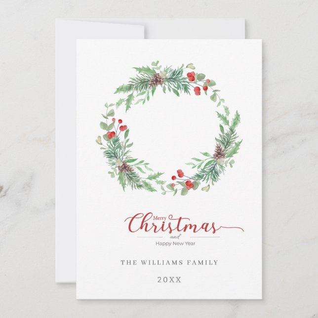 Tarjeta Festiva Christmas Pine and Holly  wreath Flat Holiday Card (Anverso)