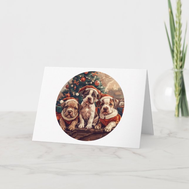 Tarjeta Festiva Christmas Pit Bull Puppy Dogs (Anverso)