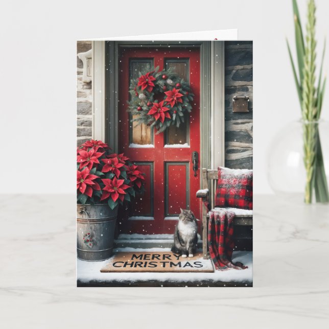 Tarjeta Festiva Christmas Poinsettias and Tabby Cat On Doormat (Anverso)