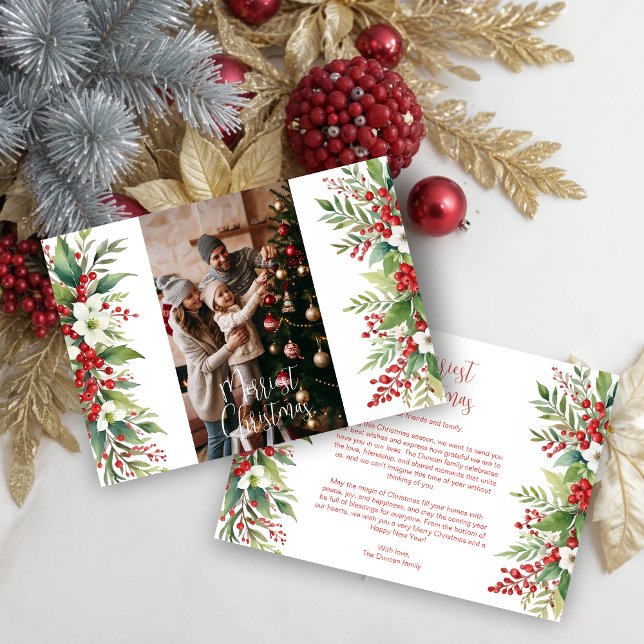Tarjeta Festiva Christmas Poinsettias Holly Floral Family Photo (Christmas Inspirations Poinsettias &Holly Sweet Floral Family Photo Holidays Cards.)