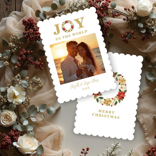 Tarjeta Festiva Christmas Poinsettias Wreath Mexican Embroidery (Christmas Poinsettias Wreath Mexican Embroidery Style Holiday Cards with Photo and Joy to the World.)