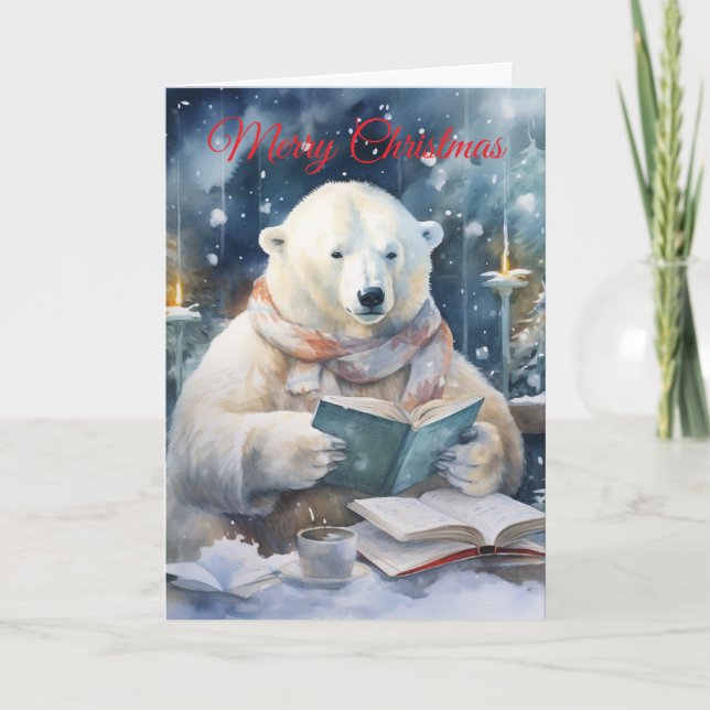 Tarjeta Festiva Christmas Polar Bear reading (Anverso)