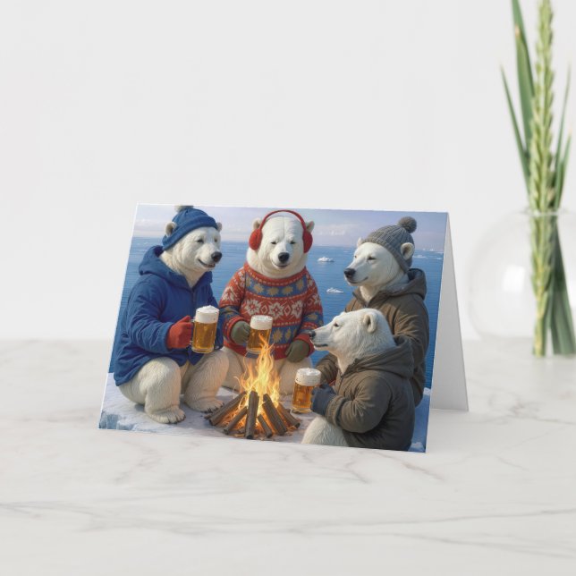 Tarjeta Festiva Christmas Polar Bears Drinking Around a Campfire (Anverso)