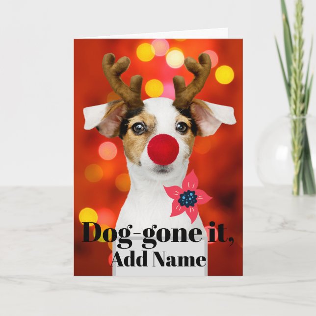 Tarjeta Festiva Christmas Pup Antlers Add Name Holiday Card (Anverso)