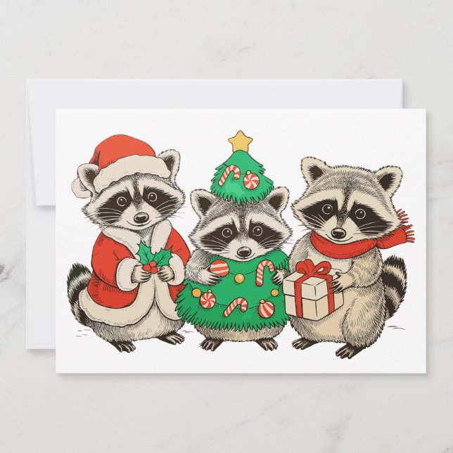 Tarjeta Festiva Christmas Raccoon Santa Hat Tree Xmas Lights (Anverso)