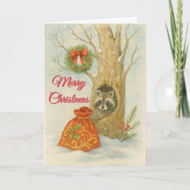 Tarjeta Festiva Christmas Raccoon Watercolor Kids  (Anverso)