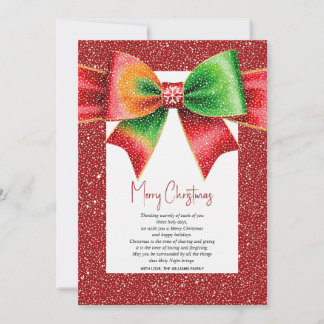 Tarjeta Festiva Christmas red and green bow and snowflakes