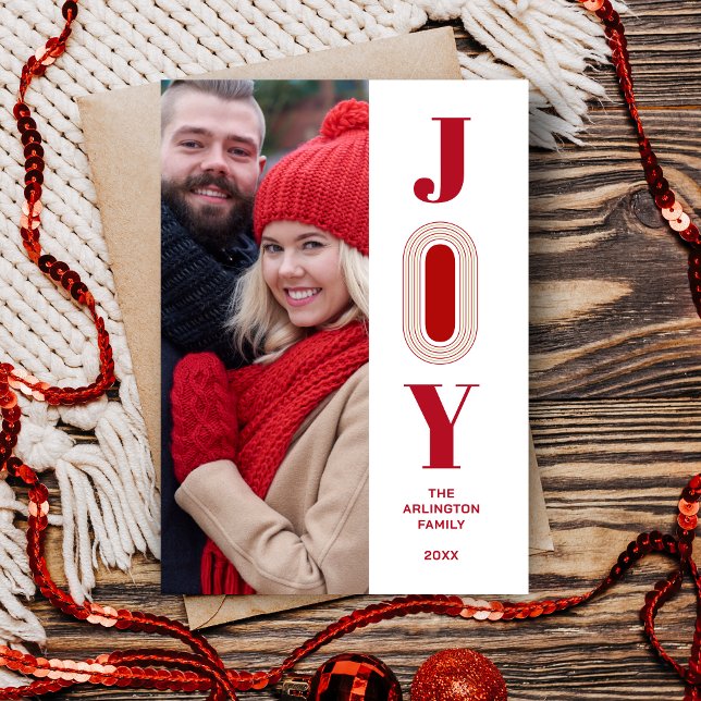 Tarjeta Festiva Christmas Red Original and Trend Joy Quote Photo  (Christmas Red and Fake Gold Original and Trend Joy Quote Photo Holiday Card with Envelope.)