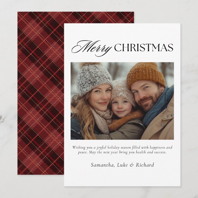 Tarjeta Festiva Christmas Red Plaid Family Photo Holiday Card (Anverso / Reverso)