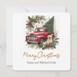 Tarjeta Festiva Christmas Red Truck with Greenery Gold Font