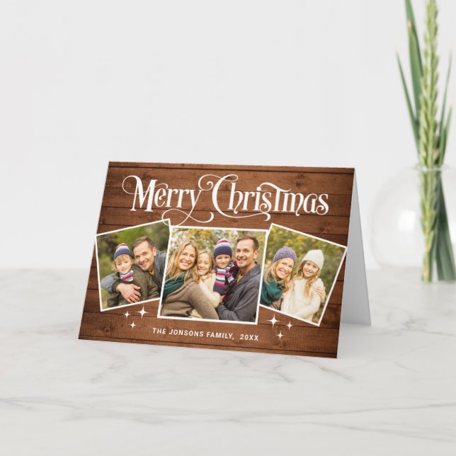 Tarjeta Festiva Christmas Rustic Brown Wood 4 PHOTO Greeting (Anverso)