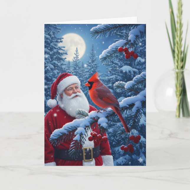 Tarjeta Festiva Christmas Santa Claus with Cardinal in Snowy Tree (Anverso)