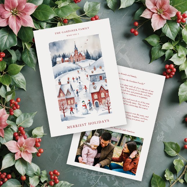 Tarjeta Festiva Christmas Scandinavian Style  Snowy Winter Village (Christmas Scandinavian Nordic Style Snowy Winter Village Landscape In Red Shades Holiday Cards.)