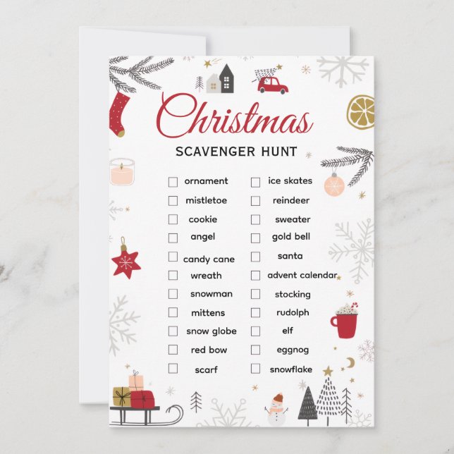 Tarjeta Festiva Christmas Scavenger Hunt Checklist Art (Anverso)