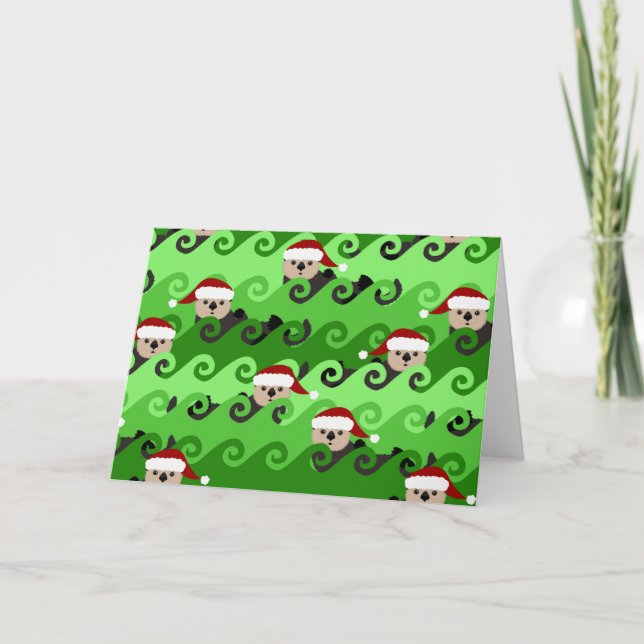 Tarjeta Festiva Christmas Sea Otters Green Waves (Anverso)