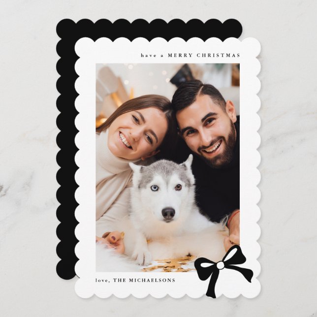 Tarjeta Festiva Christmas Simple Bow Black and White Photo (Anverso / Reverso)