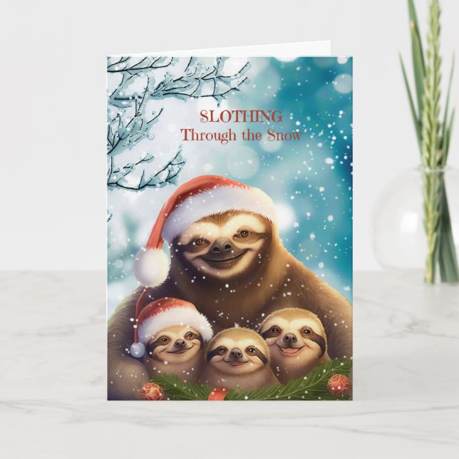 Tarjeta Festiva Christmas Sloth with Sloth Babies in Snow (Anverso)