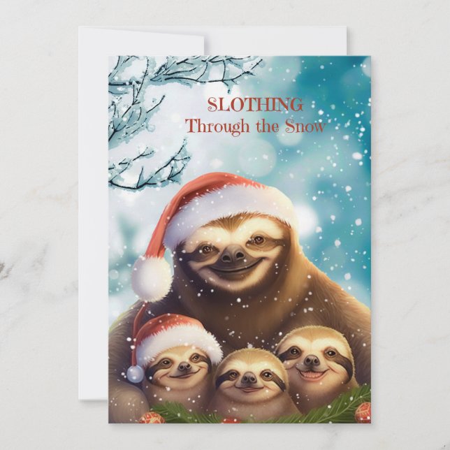 Tarjeta Festiva Christmas Sloth with Sloth Babies in Snow (Anverso)