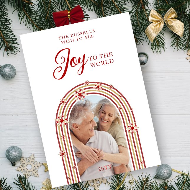 Tarjeta Festiva Christmas Snowflakes Joy To The World Arch Photo (Christmas Snowflakes Joy To The World Quote Dome Arch in Red and Fake Gold Photo Holiday Card.)