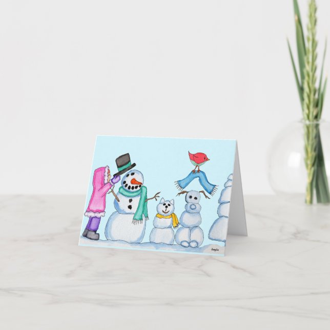 Tarjeta Festiva Christmas Snowman, Snowcat, Snowdog, and Girl (Anverso)