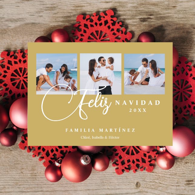 Tarjeta Festiva Christmas Spanish Cute 3 Multi Photo Collage (Christmas Spanish Cute 3 Multi Photo Collage in Faux Gold Holiday Card with Envelope. )