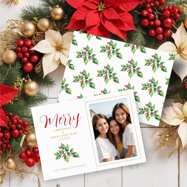Tarjeta Festiva Christmas Sprig Holly Leaves Red Berries Photo (Christmas Sprig Holly Green Leaves & Red Berries Photo Holidays Cards. )