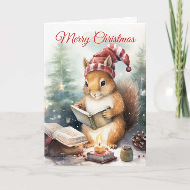 Tarjeta Festiva Christmas Squirrel reading (Anverso)