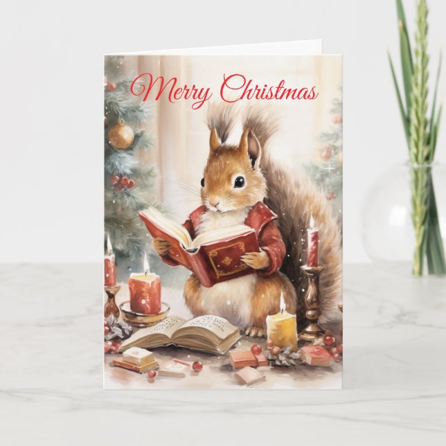 Tarjeta Festiva Christmas Squirrel reading (Anverso)