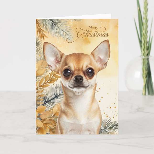 Tarjeta Festiva Christmas Tan Chihuaua Dog Golden Pines (Anverso)
