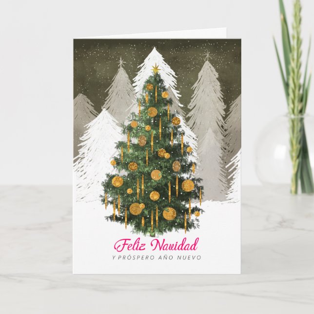 Tarjeta Festiva Christmas Tree Card in Snow in Spanish (Español) (Anverso)