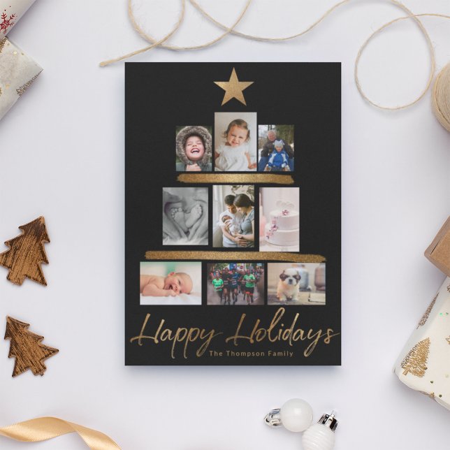 Tarjeta Festiva Christmas tree Family photo Collage Year Review (Customizable Happy Holidays Black gold Script Christmas family photo tree collage.)