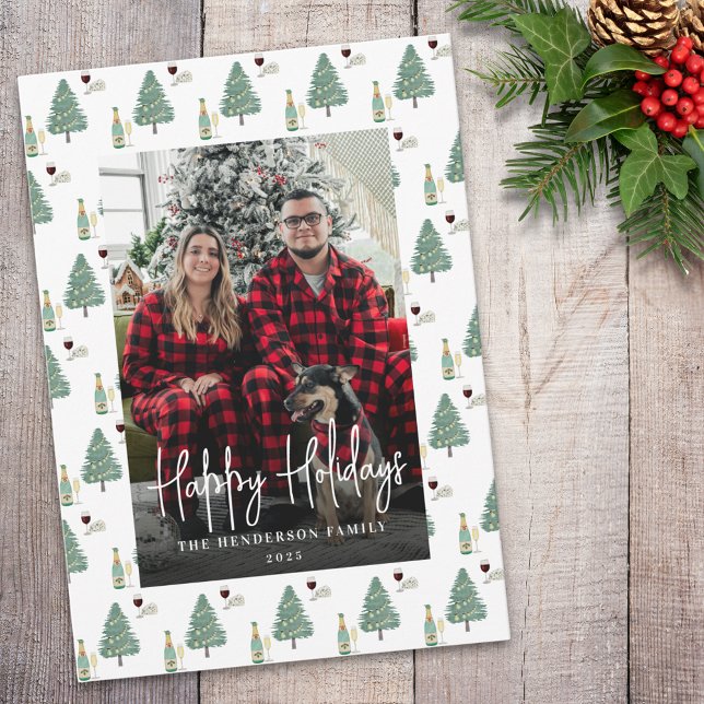 Tarjeta Festiva Christmas Tree Lights Wine Cheese Custom Photo (Happy holidays tree lights wine cheese personalized Photo holiday card Watercolor christmas trees)