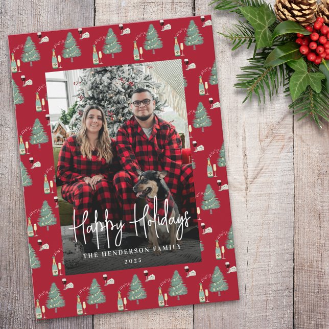 Tarjeta Festiva Christmas Tree Music Wine Cheese Custom Photo (Happy holidays watercolor christmas tree lights wine cheese personalized Photo holiday card)