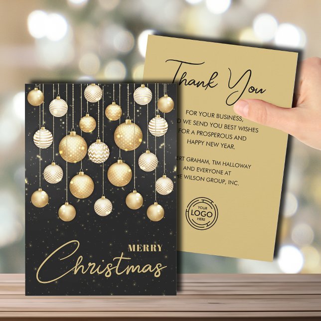 Tarjeta Festiva Christmas Tree Ornaments Business Greeting Flat (White and gold Christmas tree ornaments business greeting holiday cards with logo on back)
