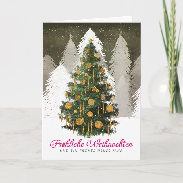 Tarjeta Festiva Christmas Tree Snow in German Folded Holiday Card (Anverso)