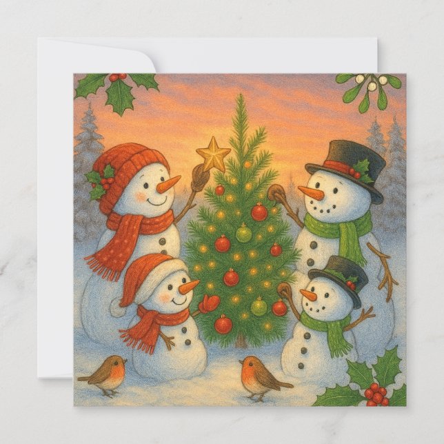 Tarjeta Festiva Christmas Tree Snowman Family In Snowy Sunset (Anverso)