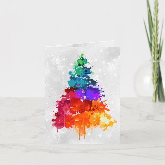 Tarjeta Festiva Christmas Tree, Splatter Paint, Primary Colors (Anverso)