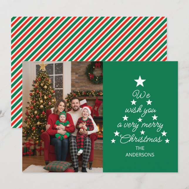 Tarjeta Festiva Christmas Tree Typography Family Photo Stars Green (Anverso / Reverso)