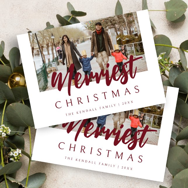 Tarjeta Festiva Christmas Trendy Modern Photo Merriest Dark Red (Christmas Trendy Modern Photo Merriest Dark Christmas Red Quote Holiday Card with Envelope.)