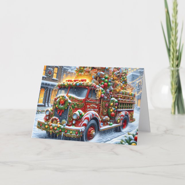 Tarjeta Festiva Christmas Village Fire Truck (Anverso)