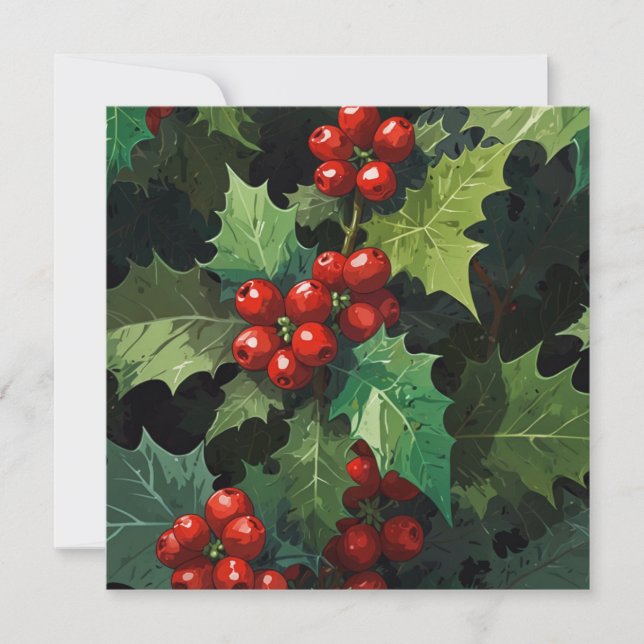 Tarjeta Festiva Christmas watercolor Holly berry leaves botanical  (Anverso)