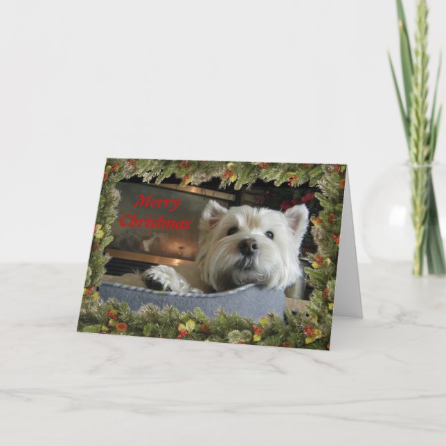 Tarjeta Festiva Christmas Westie with Garland Photo Greeting Card (Anverso)