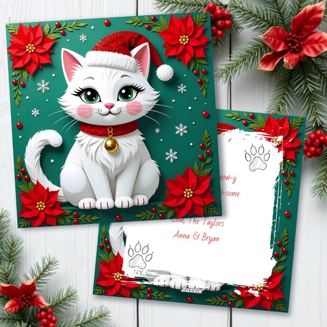 Tarjeta Festiva Christmas White Cat in Santa Hat Holiday (Subido por el creador)