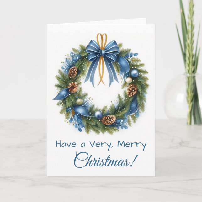 Tarjeta Festiva Christmas Wreath in Blue & Gold  (Anverso)